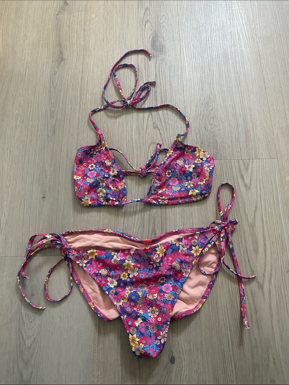 Floral Pink Tie-Side Bikini Set - Pink